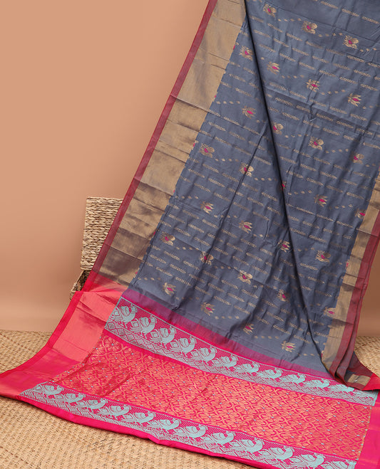Grey kuppadam silk saree with peacock buttas, plain border & contrast pallu of floral designs