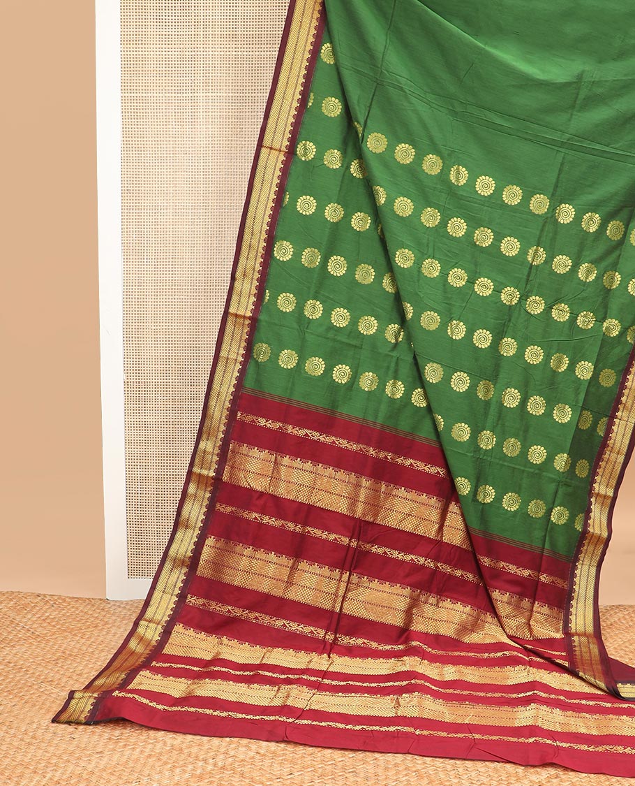 Green flower buttas nine yards cotton saree with contrast intricate zari design border & striped floral design pallu