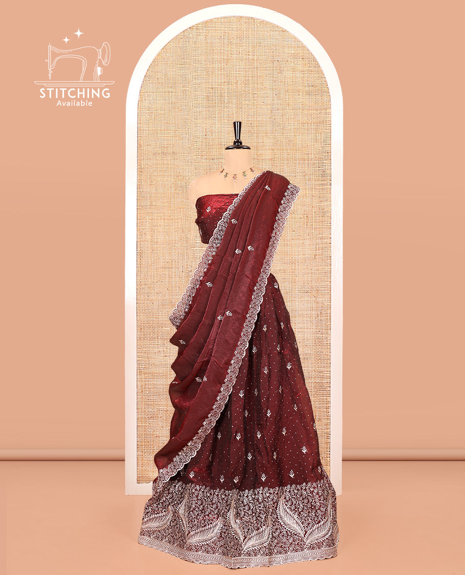 Maroon Fendi Organza Half-Saree, with Embroidered Buttas on Its Skirt, Embroidered Scallop Border, Paired with a Matching Blouse, and an Embroidered Fendi Organza Scallop Dhavani