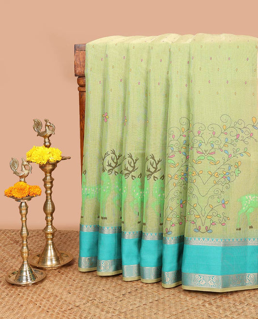 Parrot green screen printed chanderi cotton saree with double pad annam border & tissue pallu along with brocade blouse