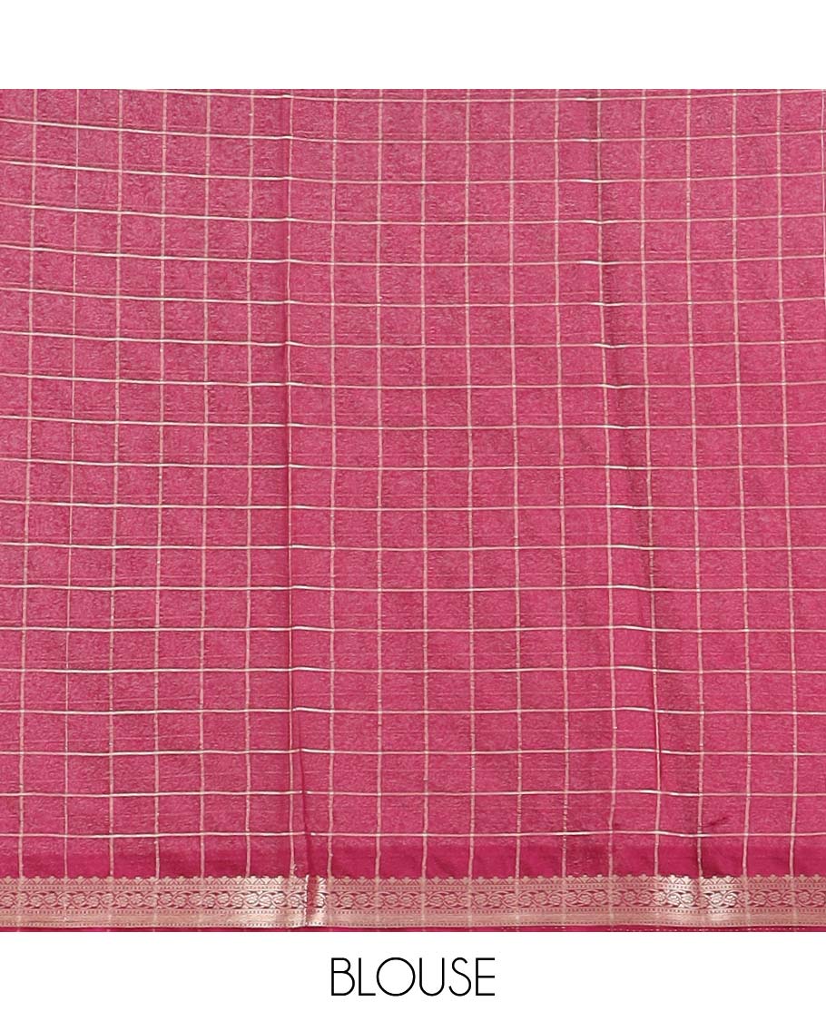 Pink checked art mysore silk saree with self zari border & striped zari pallu
