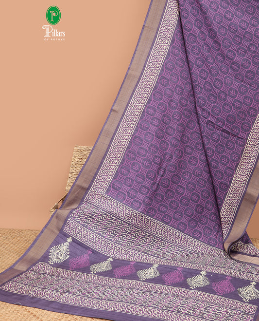 Lavender allover ajkrack printed design semi khicha silk saree with contrast gold zari bawarcchi border & ajrack printed pallu along with small butti printed design blouse