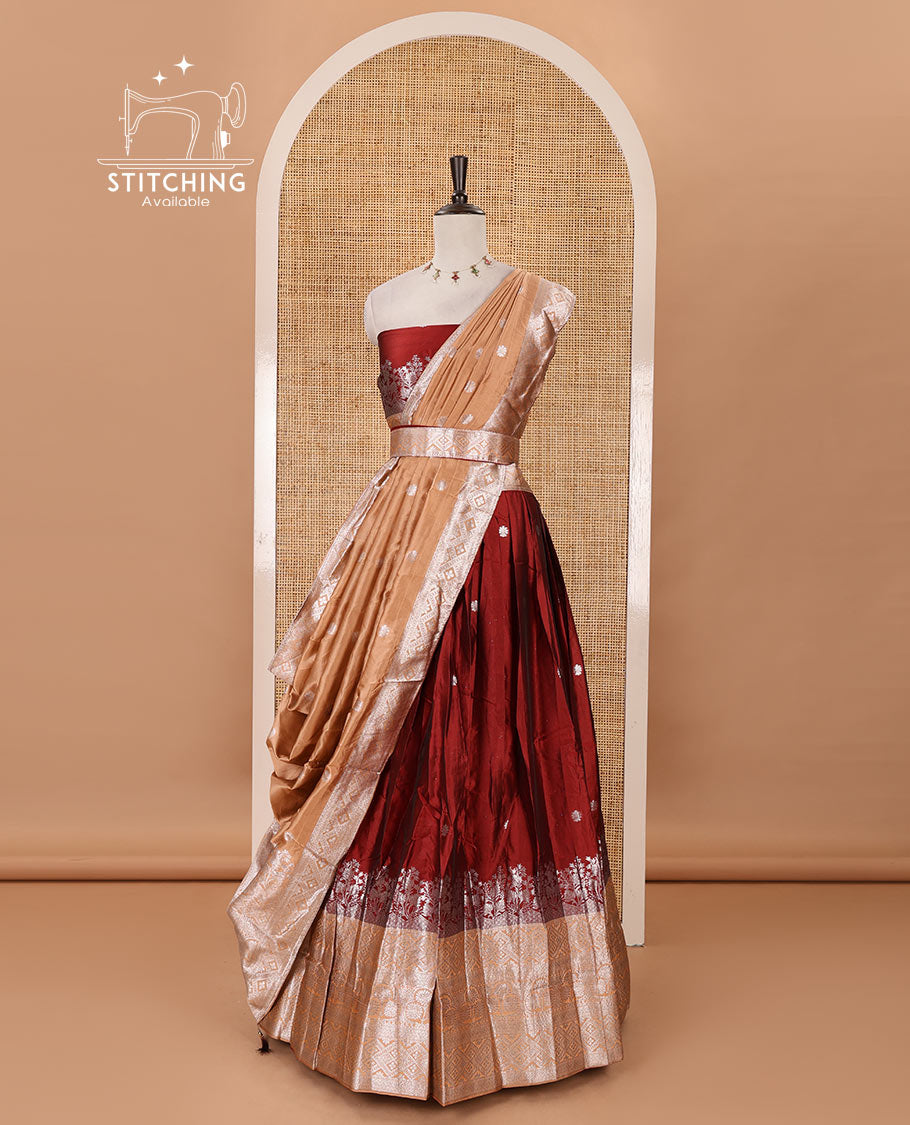 Maroon-peach taffeta silk half-saree, zari buttas & contrast floral-geometric zari border skirt, zari woven blouse & contrast zari woven dhavani