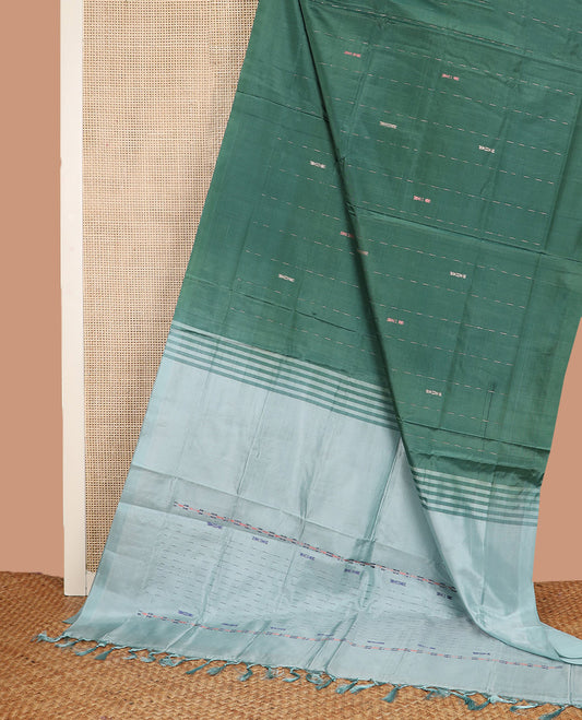 Borderless Green Banana Pith Saree, Delicately Woven with Buttas and Stripes All Over Its Body, Complemented by a Contrast Pallu of Stripes, and Paired with a Contrast Blouse