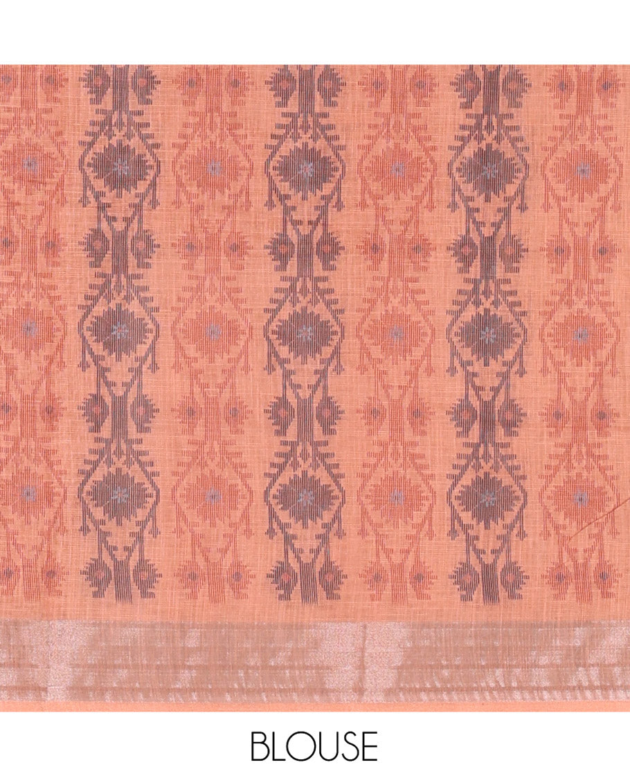 Rust Plain Linen Cotton Saree, Subtly Sparkled Zari Border of Jamdani-Style Leaf-Floral Designs, Pallu Depicting Jamdani-Style Designs, and Paired with a Matching Blouse