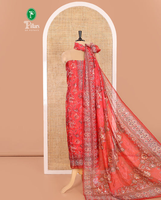Chilli Red Material Chudidar Set Decked up with Floral Vine with Mirror Work Organza Top, Subtly Made Plain Santoon Bottom, and Organza Dupatta Featuring Floral Vine Print and Mirror Work