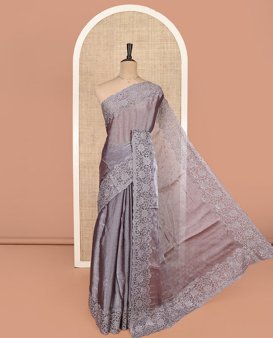 Grey Designer Saree, Decked Up with Stonework, Scallop-Cut Work Border, Self Pallu, and Matching Blouse