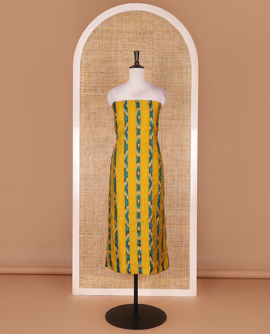 Mustard Vertican silk material chudidar set, vertical ikkat stripes, and kantha work top, contrast plain slub cotton bottom, and linen contrast ikkat printed zari border dupatta