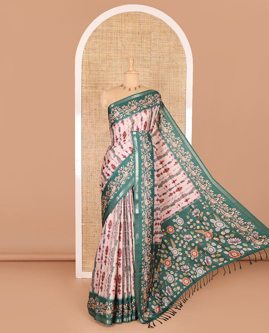 Purple shibori printed katan silk saree, contrast border, and pallu of kalamkari floral vine and peacock print, and a contrast leaf printed blouse