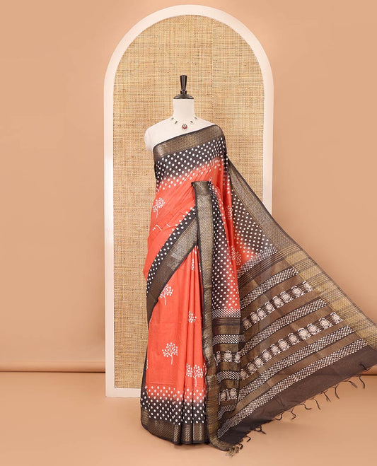 Pink batik printed Bhagalpuri cotton saree, contrast gold zari diamond-patterned border, printed pallu & pink blouse of print & zari work