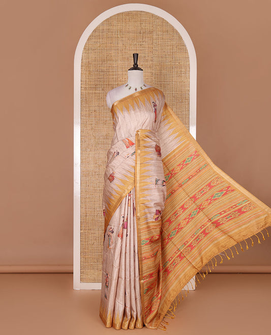 Chikku and yellow Radha motifs printed katan silk saree, contrast temple border, ikkat motifs woven pallu, and contrast printed pallu