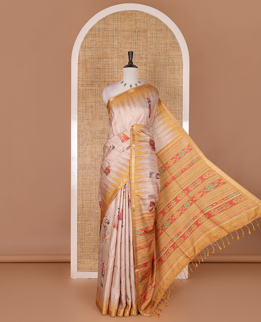 Chikku and yellow Radha motifs printed katan silk saree, contrast temple border, ikkat motifs woven pallu, and contrast printed pallu