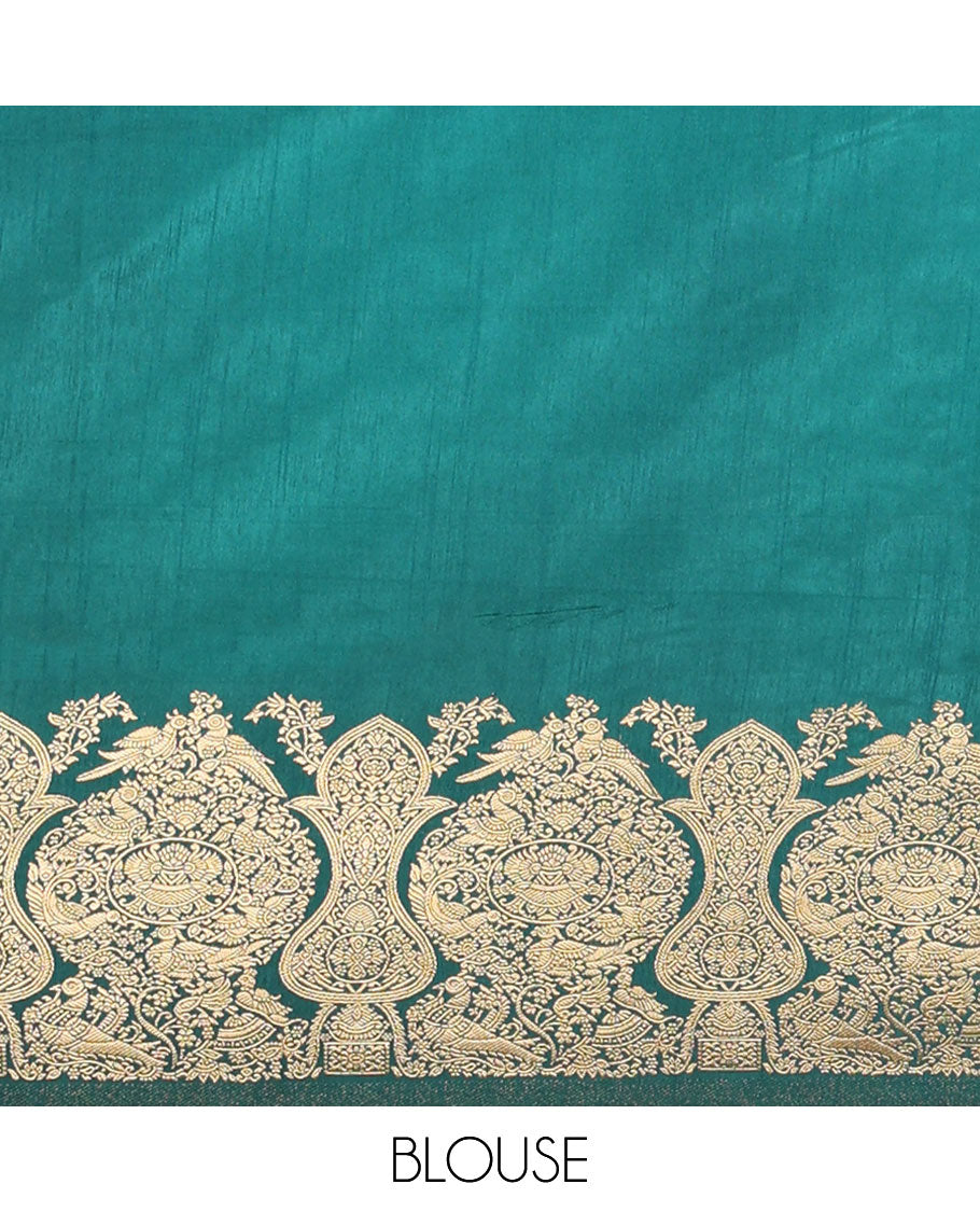 Bottle green zari peacock butta dola raw silk saree with kancheepuram zari border with geometrical zari pallu along with plain blouse