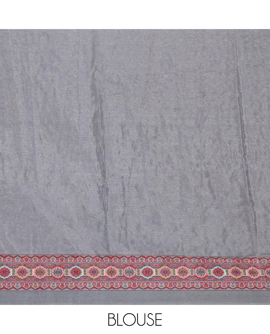 Grey half-&-half colorful geometric printed & mirror embroidered masakali saree, printed border & pallu, plain blouse