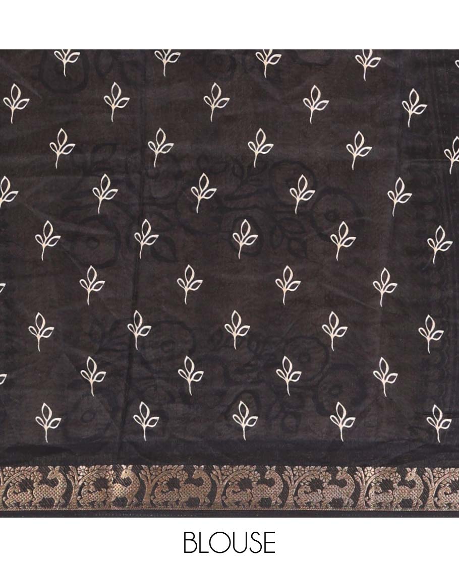 Red elephant motifs hand-block printed Assam cotton saree,contrast deer & tree zari border, floral print pallu & floral print blouse