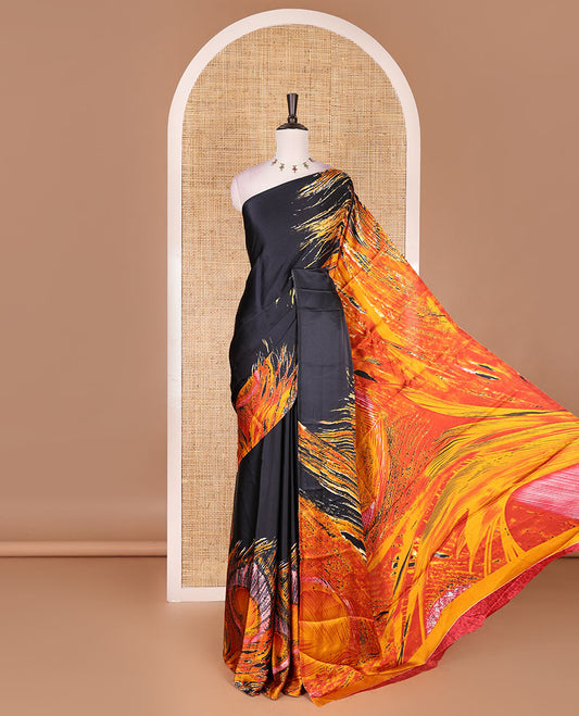 Borderless black and mustard peacock feather-like abstract printed satin crepe saree, peacock feather-like abstract print pallu, and abstract print blouse