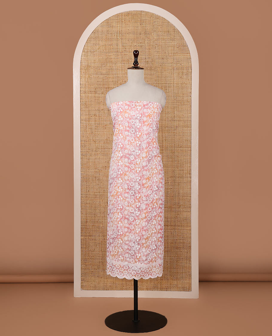 Pink chudidar material set, shibori-print & floral vine chikankari embroidered top,printed cotton bottom & floral chikankari embroidery chiffon dupatta