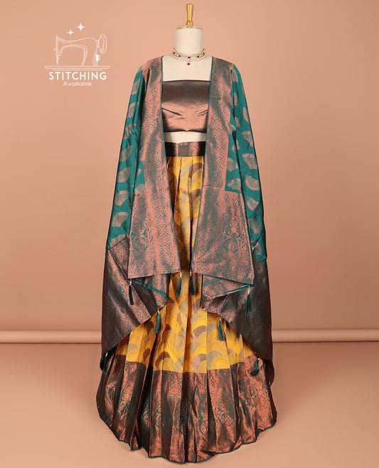 Gold floral buttas half saree with contrast zari border, zari design blouse & floral zari design dhavani