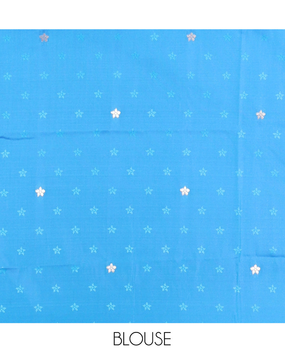 Blue Paithani Art Silk Saree, Accentuated with Flower Buttas All Over Its Body, Highlighted by Zari Temple Border Pictures Colorful Flora-Fauna Designs, Pallu Depicts Colorful Floral and Bird Designs, and Paired with a Matching Blouse