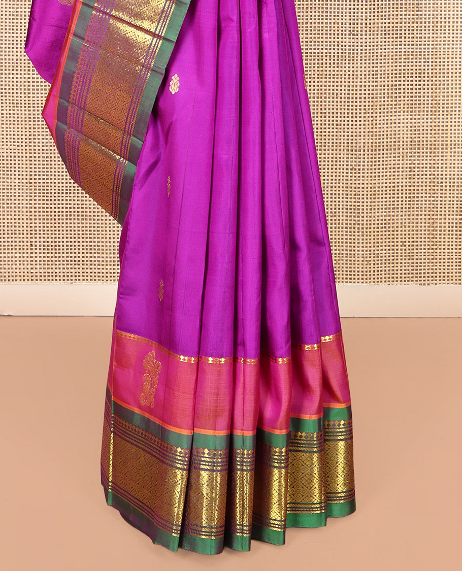 Pink Kanchipuram Silk Saree, Decorated with Zari Buttas, Complemented by a Contrast Zari One-Sided Border of Panner Sombu, Banaras, Muthu, and Jaal Designs, Zari Design Pallu, and No Blouse