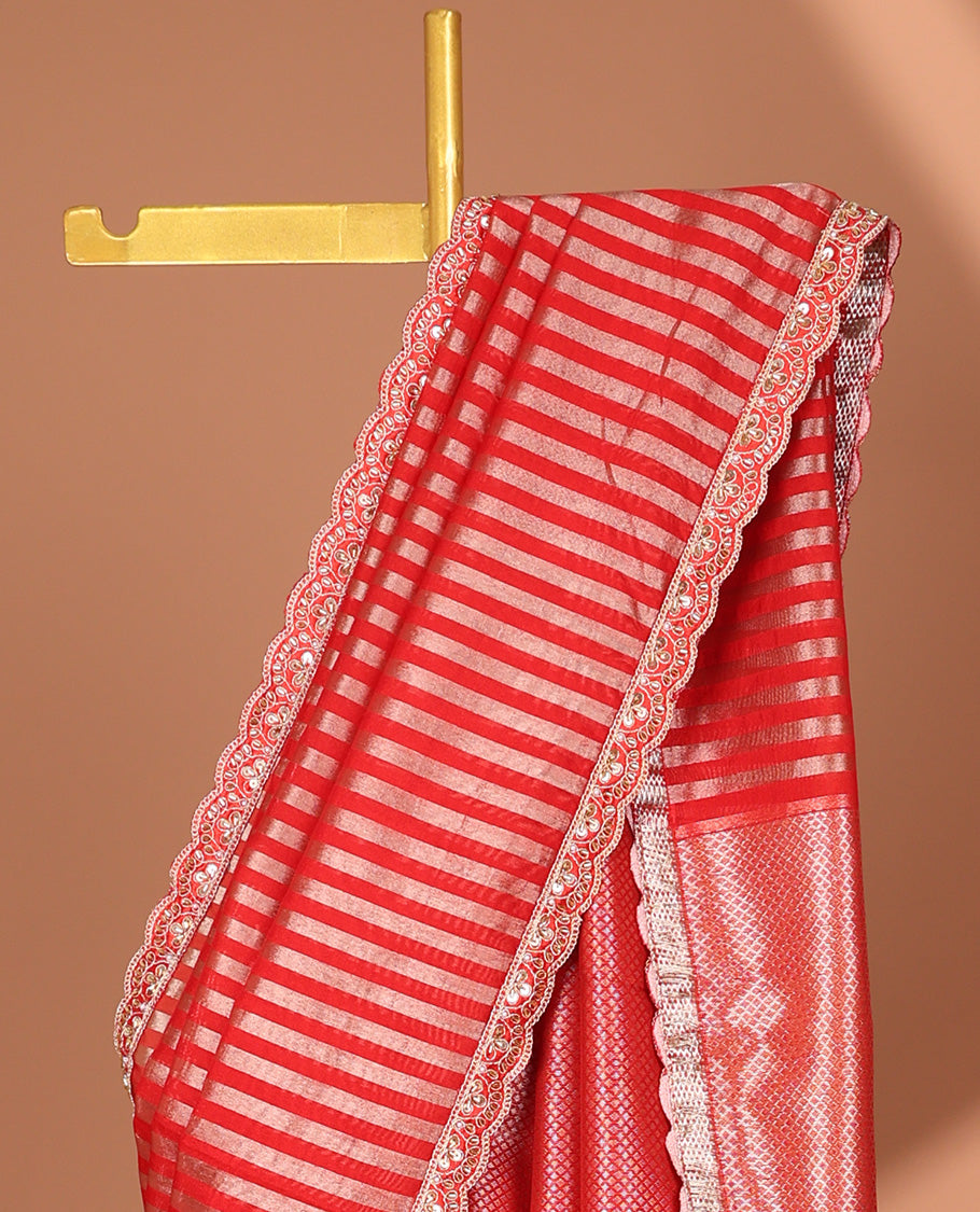 Red striped organza saree with floral embroidery scallop border & checked pallu