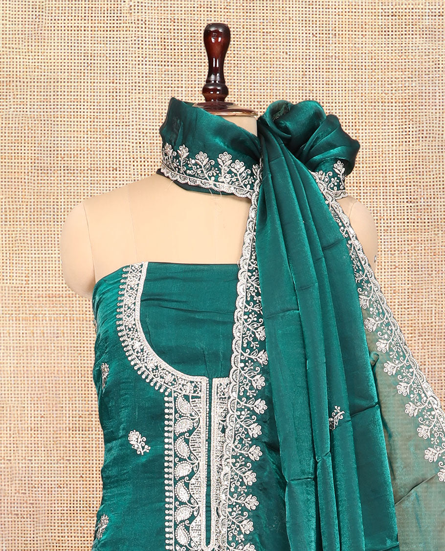 Peacock Green Fendi Organza Material Churidar Features Embroidered Top, a Santoon Bottom, a Scallop Embroidered Dupatta