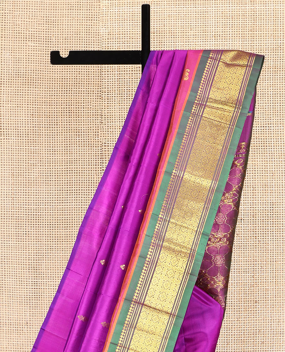 Pink Kanchipuram Silk Saree, Decorated with Zari Buttas, Complemented by a Contrast Zari One-Sided Border of Panner Sombu, Banaras, Muthu, and Jaal Designs, Zari Design Pallu, and No Blouse