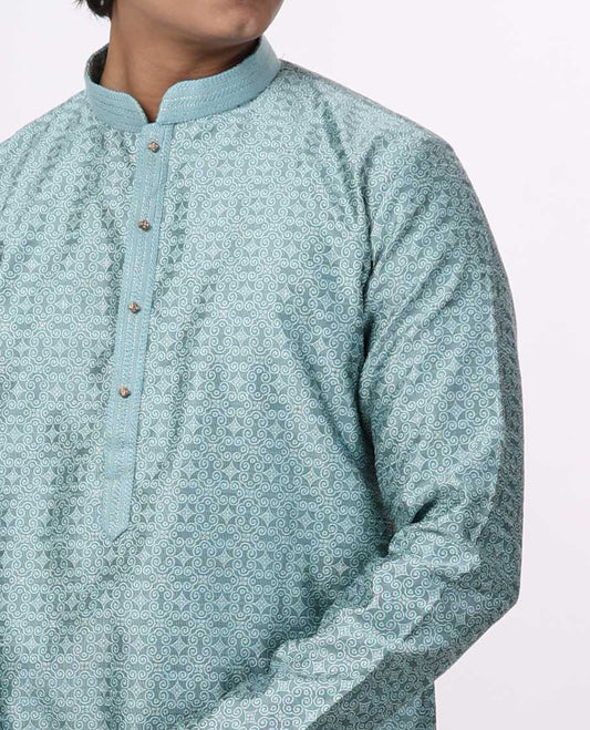 Sea blue floral jaal design mandarin collar & full-sleeve long raw silk kurta