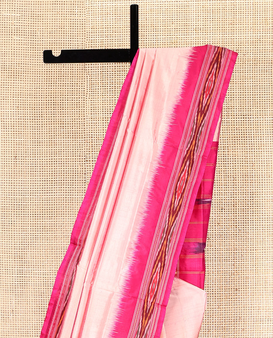 Pink Plain Pochampally Ikat Silk Saree, Complemented by a Contrast Ikat Textured Border, Ikat Pallu, and No Blouse