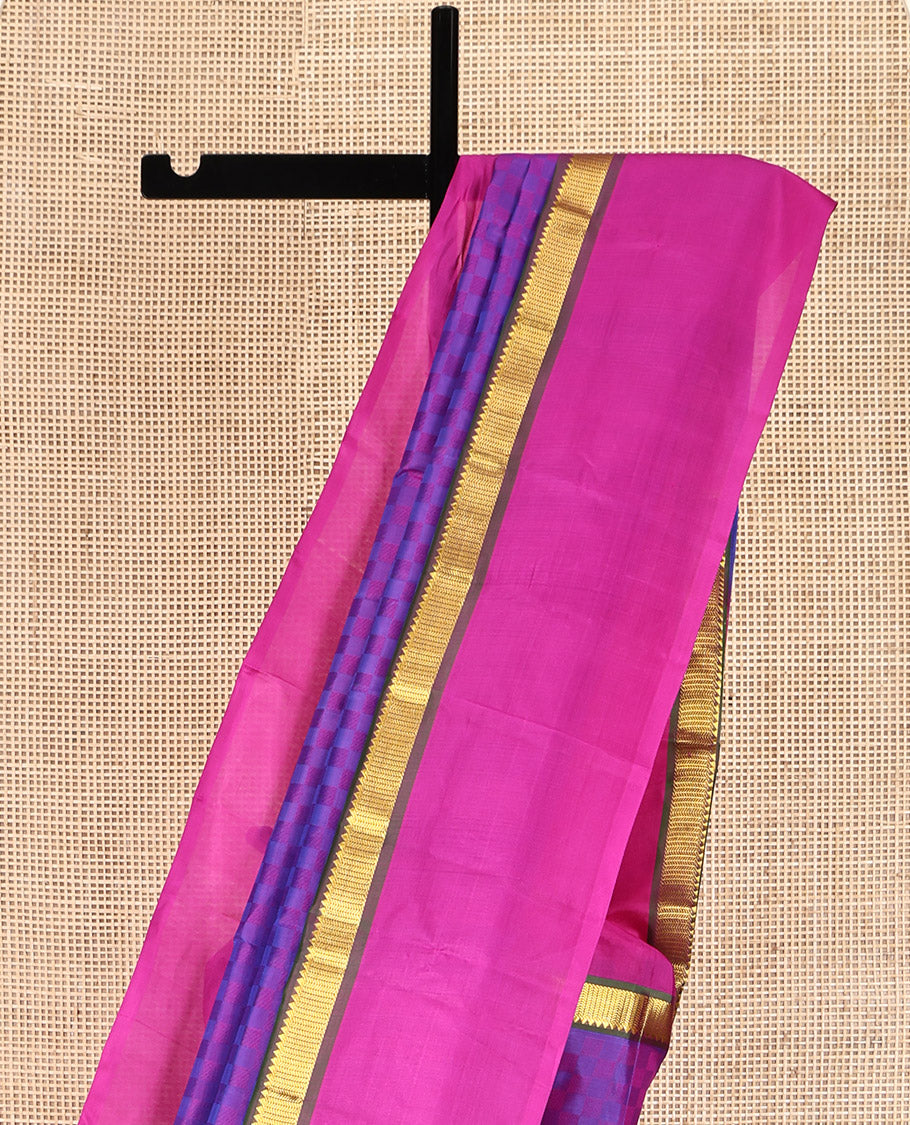 Blue-Pink Kanchipuram Silk Saree, Sparsely Woven with Paiyaadi Kattam on Its Body, Complemented by Contrast Kal Eragina Border of Rekku, and Vanki Designs, Zari-Striped Pallu, and Paired with a Contrast Blouse