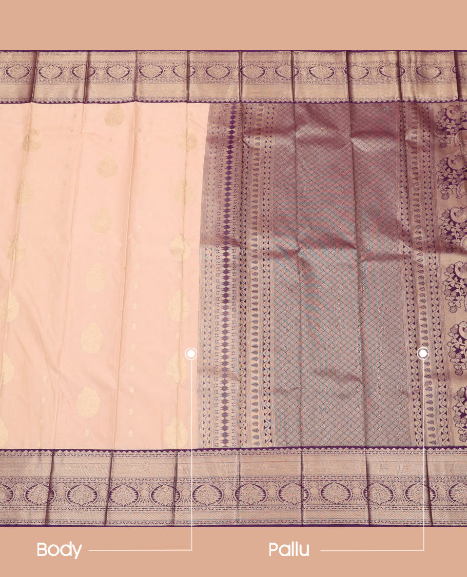 Pale Peach Budget Silk Saree, Woven with Zari Buttas All Over Its Body, Complemented by a Contrast Traditional Zari Design Border, Grand Jaal-Patterned Pallu, and Paired with a Contrast Blouse