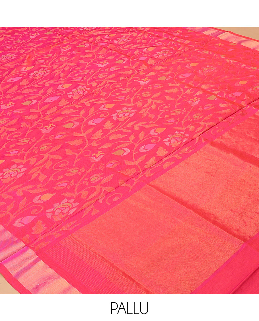 Rani Pink Uppada Saree, Enriched with Floral Vine Weave, a Subtle Zari Border, a Gleaming Zari Pallu, and a Matching Blouse