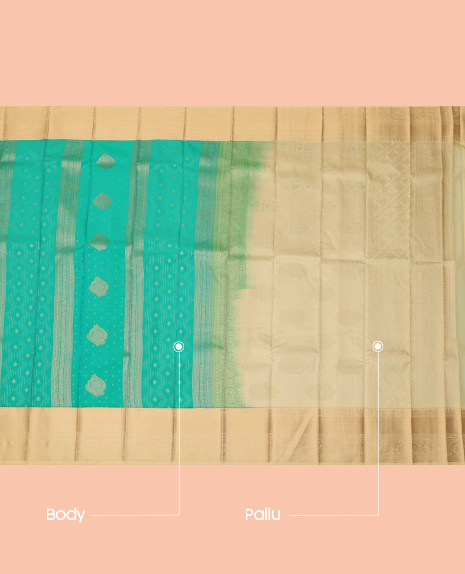 Turquoise Budget Silk Saree, Elevated with Zari Buttas and Stripes, a Contrast Traditional Zari Border, Sparsely Woven Pallu, and a Contrast Blouse