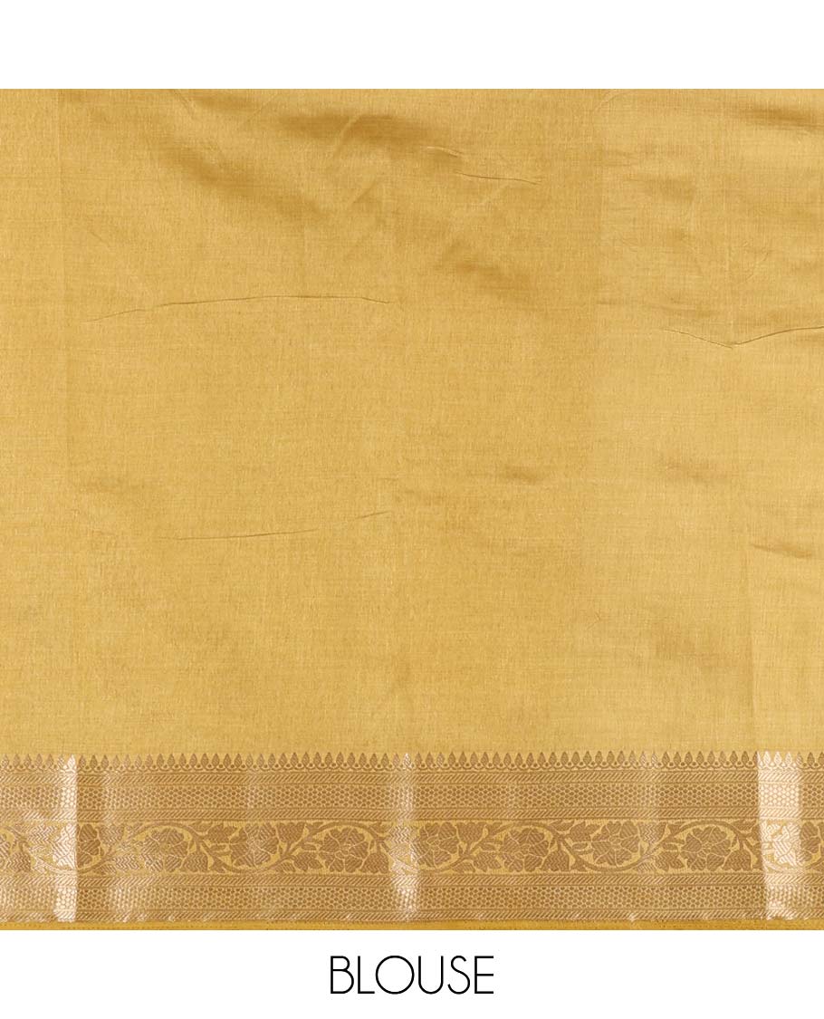 Gold uniquely printed semi-tussar saree, traditional zari border, zari striped pallu, and a matching blouse