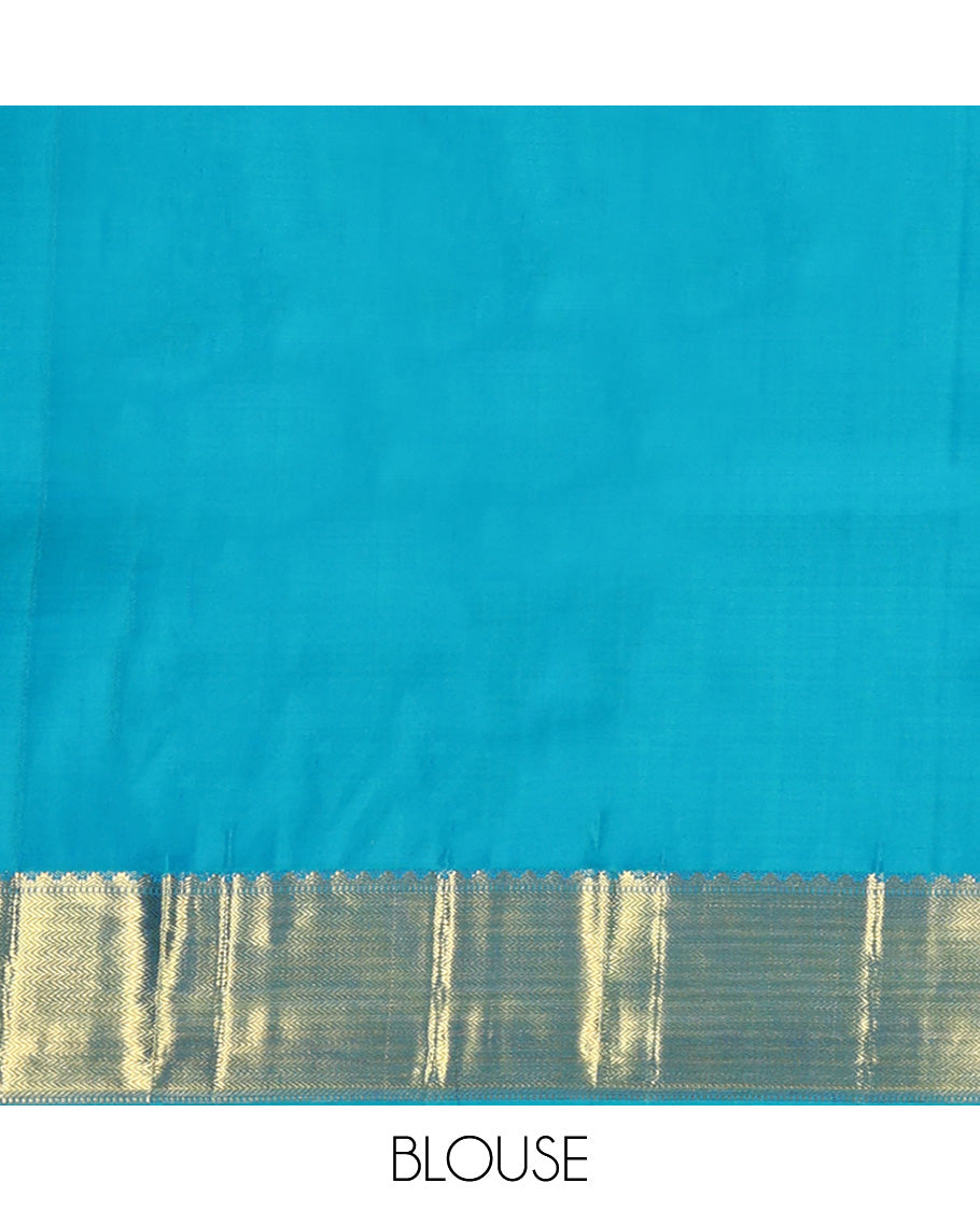 Blue Parampara Silk Saree, Adorned with Zari Buttas and Embossed Texture On Its Body, Highlighted by Zari Border of Thazampoo Rekku, Muthu, and Vanki Designs, Pallu Features Vanki Designs and Paired with a Matching Blouse