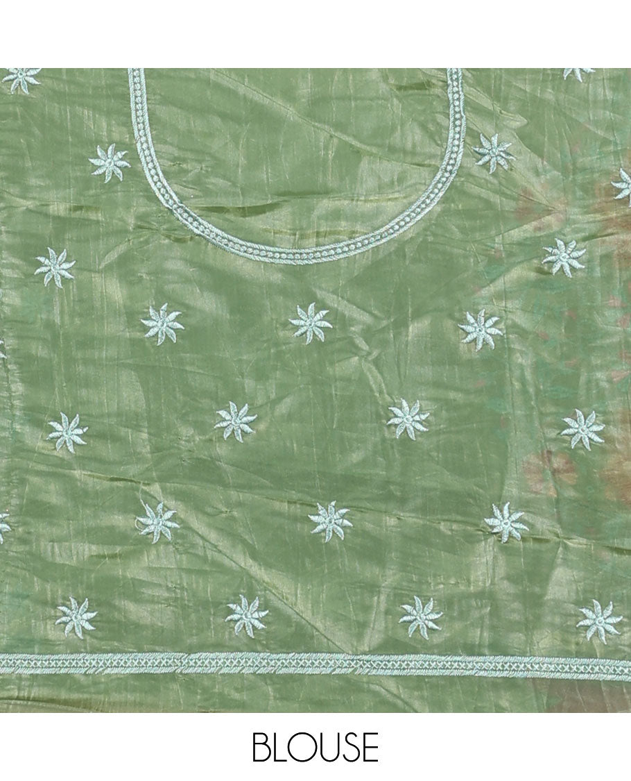 Green buttas half saree with contrast border , zari design blouse & floral buttas , scallop border dhavani