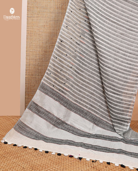 Borderless white with black striped linen saree with striped pallu