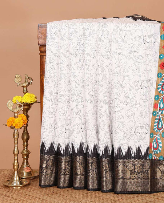 White pichwai cow & lotus printed dola silk saree,contrast black temple traditional zari border, kalamkari printed pallu & printed blouse