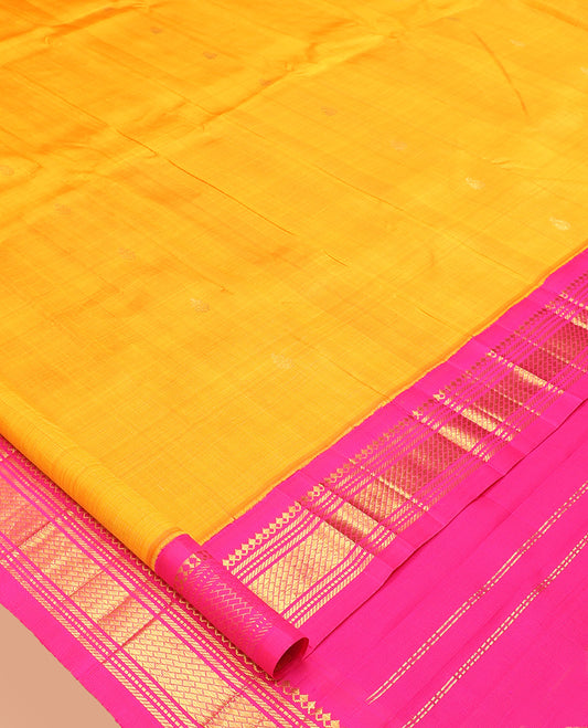 Orange Zari Buttas Kanchipuram Silk Saree, Complemented by a Contrast Korvai Border of Panner Sombu, Muthu, Banaras, and Geometric Design, Pallu of Zari Design, and No Blouse