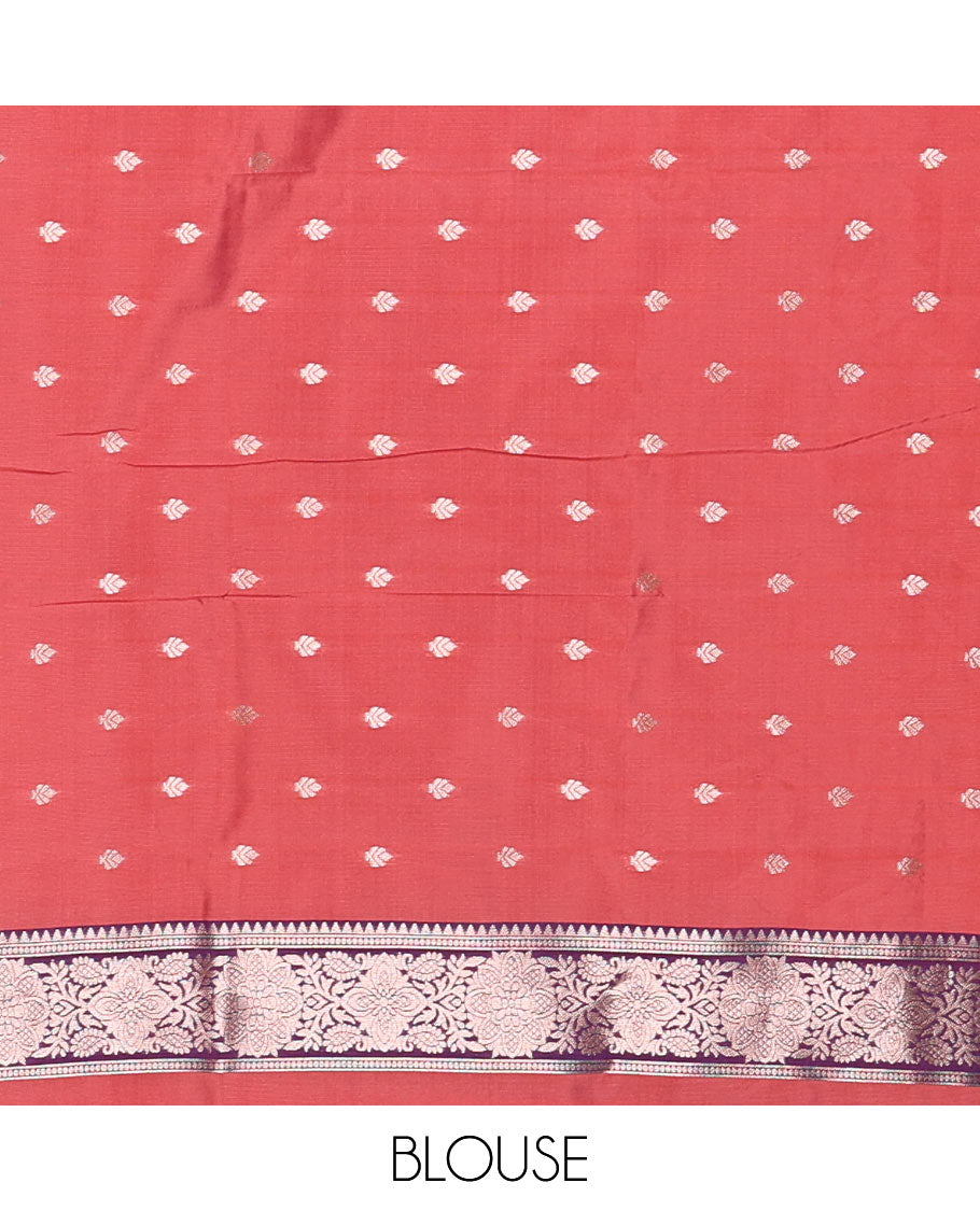 Borderless onion pink golden zari buttas woven mulberry silk saree, contrast rose floral digitally woven pallu & zari design blouse