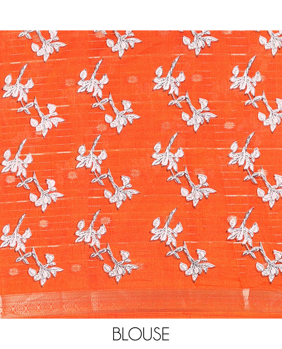 White zari buttas and striped dola silk saree, contrast traditional zari border of elephant and peacock buttas, zari design pallu, and a contrast floral print with zari work blouse