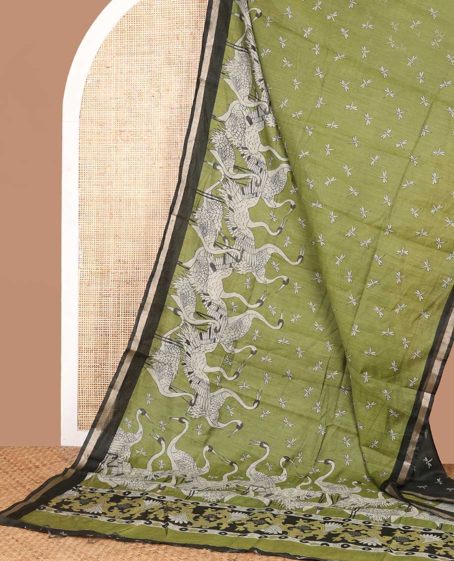 Green drangon fly, creane digital print muslin cotton saree with zari border & printed pallu along with dragon fly printed blouse