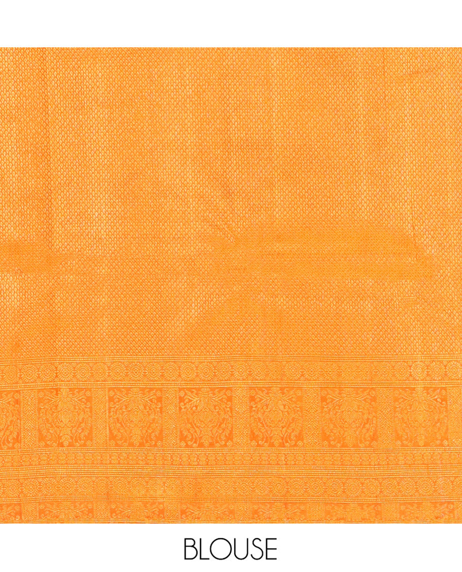 Orange Kanchipuram Designer Silk Saree, Subtly Sparkled With Floral Jacquard Design On Its Body, Highlighted by Meenakari Mughal Intricate Border, Intricate Pallu and Paired with a Matching Blouse