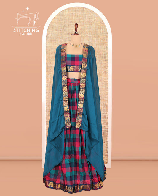 Multi-Color Checked Chettinad Cotton Half-Saree Features a Leaf Zari Border, Matching Blouse, Contrast Dhavani