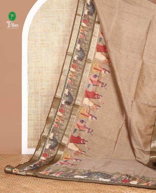 Beige khicha tussar saree with bentex, pichwai design border & pichwai printed pallu along with plain blouse