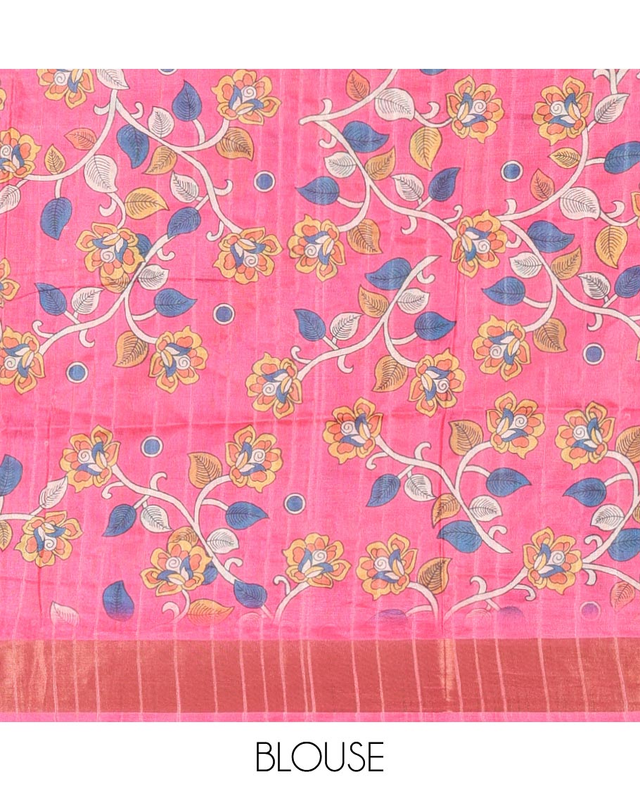 Orange uniquely printed soft tussar saree, contrast zari border, kalamkari floral vine printed pallu & kalamkari printed blouse