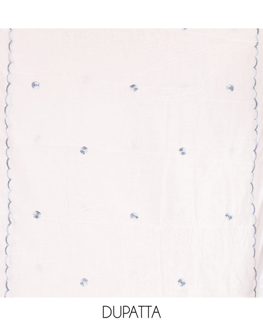 Cream Mul Chanderi Material Chudidar Features Neck Work Top, a Matching Bottom, Embroidered Scallop Dupatta