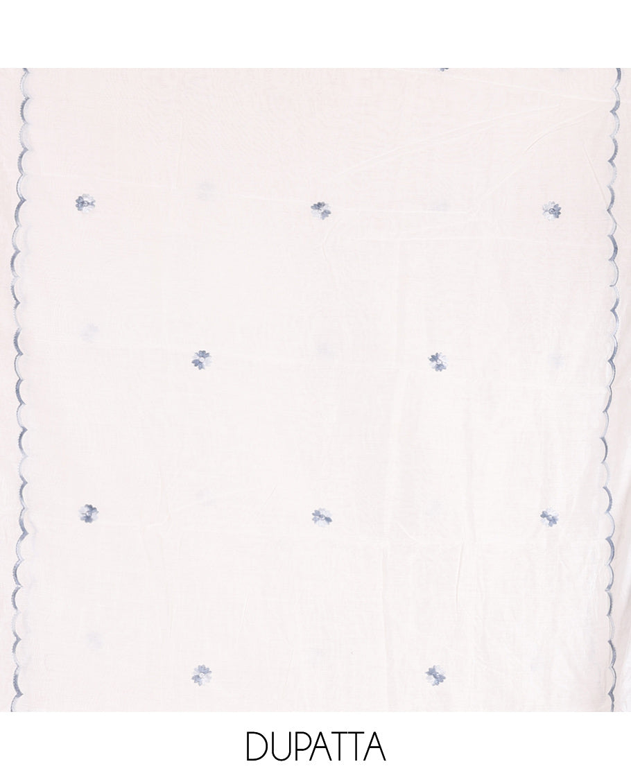 Cream Mul Chanderi Material Chudidar Features Neck Work Top, a Matching Bottom, Embroidered Scallop Dupatta