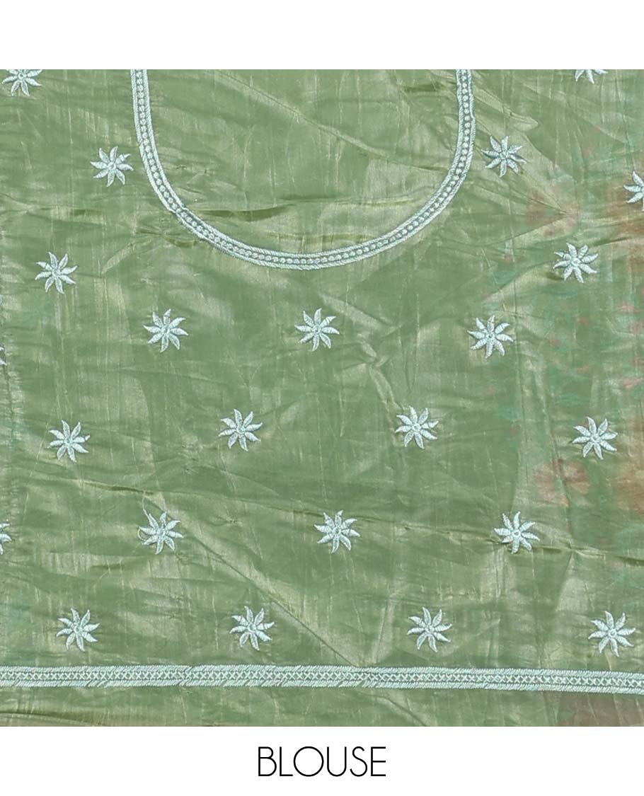 Green buttas half saree with contrast border , zari design blouse & floral buttas , scallop border dhavani