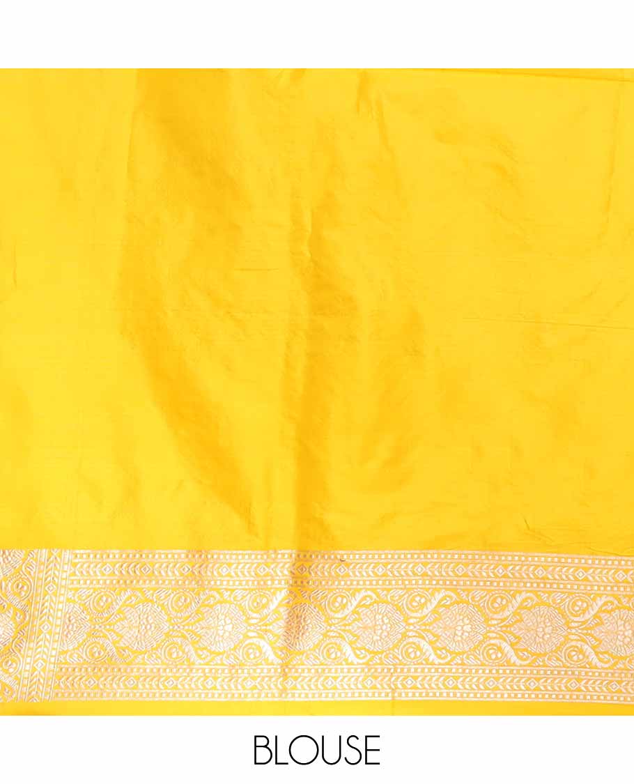 Yellow floral jacquard banaras silk saree with self intricate zari border & floral zari design pallu